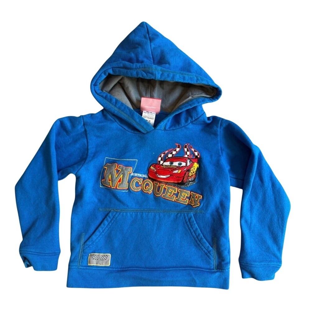Y2K Disney Pixar Cars Lightning McQueen Blue Embroidered Pullover Hoodie 2T
